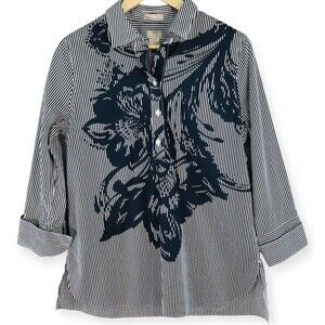 Chico's 1 No Iron Tunic Blouse Top Womens Medium Navy White Stripe Abstract